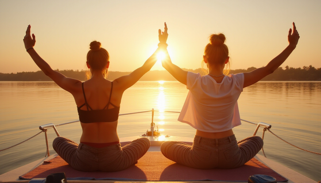  tranquil wellness travelers practicing yoga on elegant boat, golden light reflecting on calm water