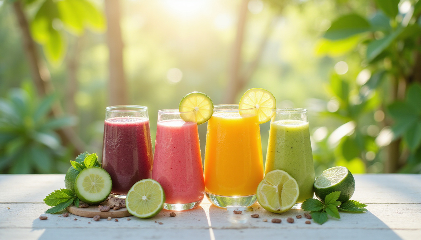 Colorful smoothies with cucumber and lime, bright natural sunlight, healthy lifestyle vibe