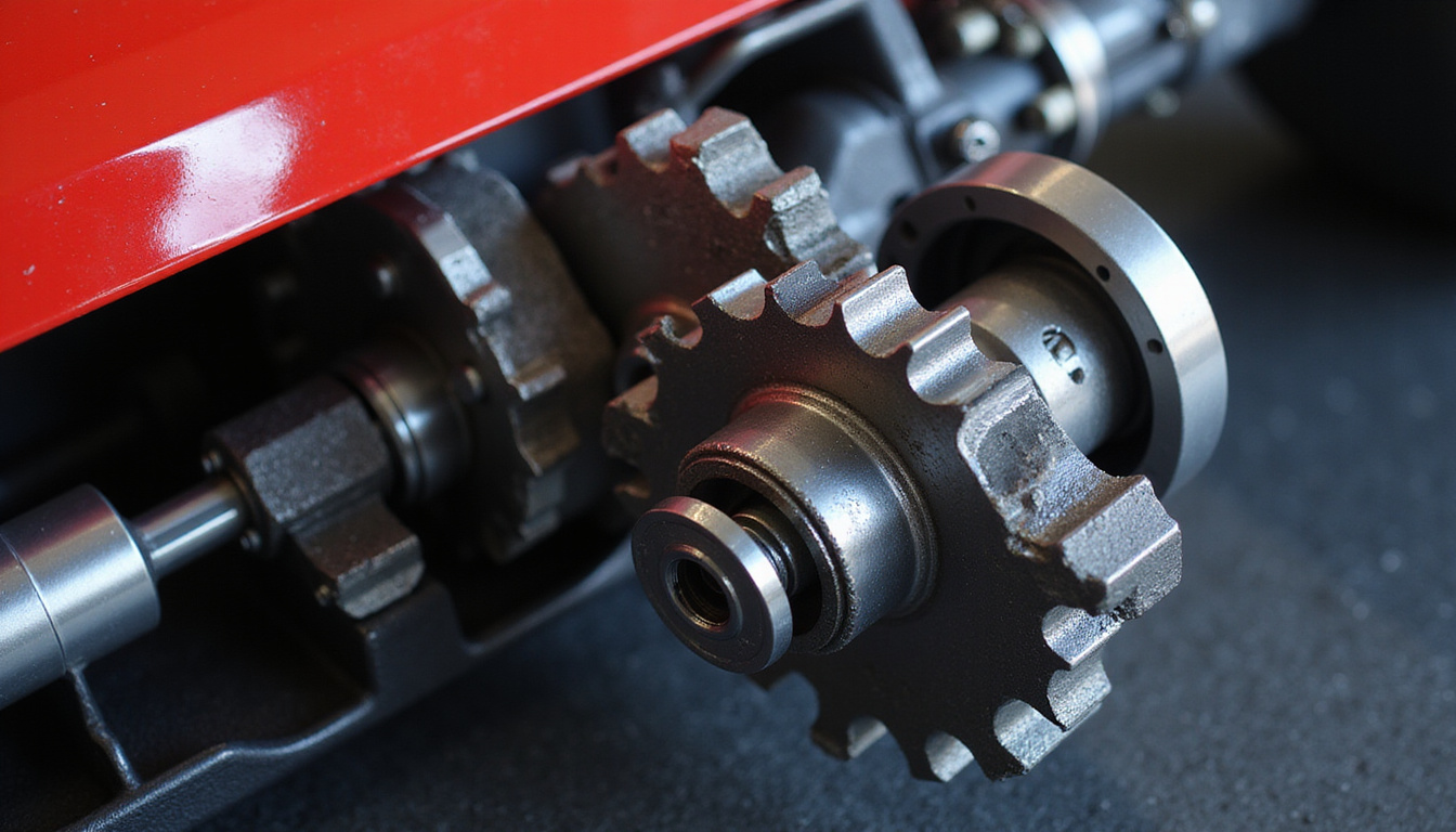 close-up of precision gears and differential, metallic sheen, dynamic lighting, racecar cockpit background