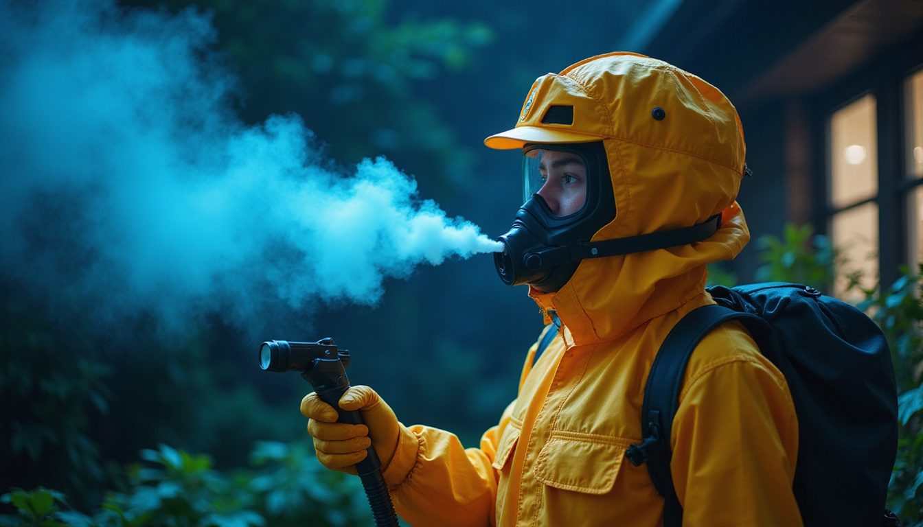  Professional exterminator using fogger, protective gear, nighttime home pest control scene