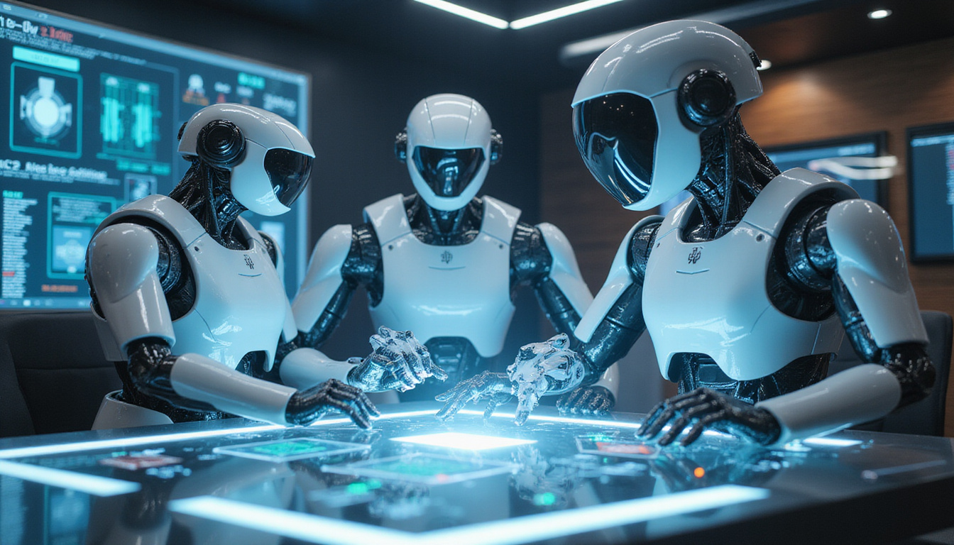sleek autonomous robots collaborating in a high-tech control room with transparent holographic interfaces