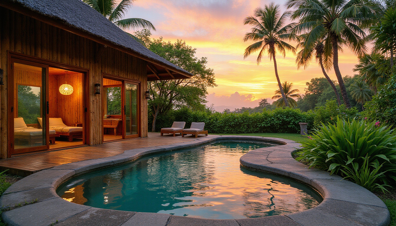  Cozy eco-resort in Bali with bamboo architecture, natural pools, and vibrant greenery at sunset