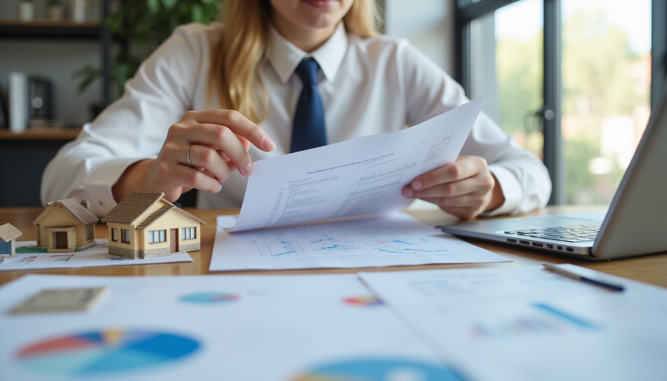 confident investor reviewing property documents, house models and charts on desk, bright office setting