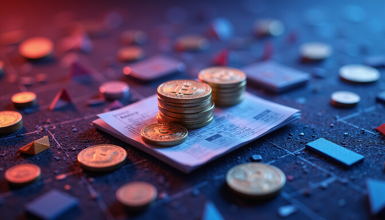  abstract blockchain-themed background with coins, tax documents, and analytical graphs in vibrant colors