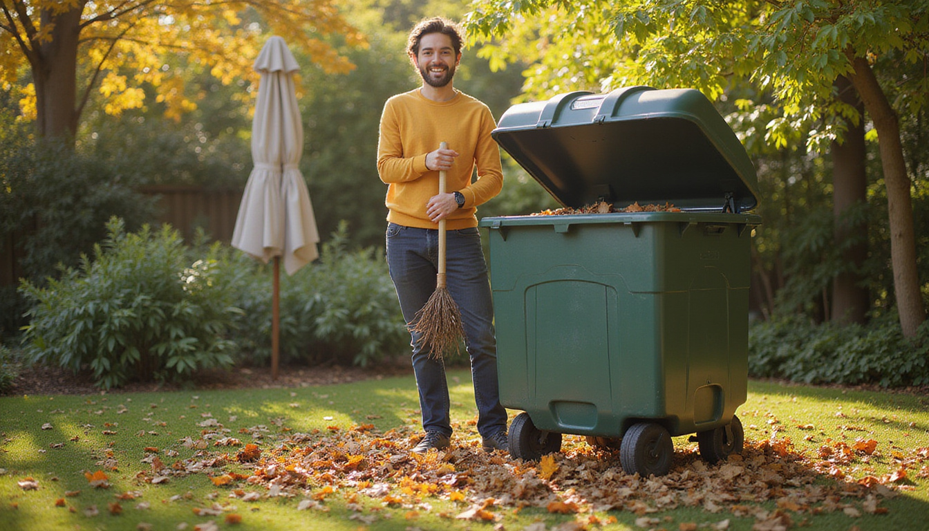 Person happily raking leaves beside a neat compost bin in a sunny garden setting