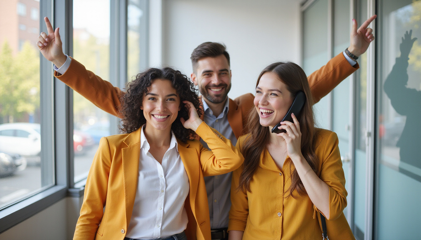 happy business owners celebrating growth, seamless communication, digital phone systems, success concept