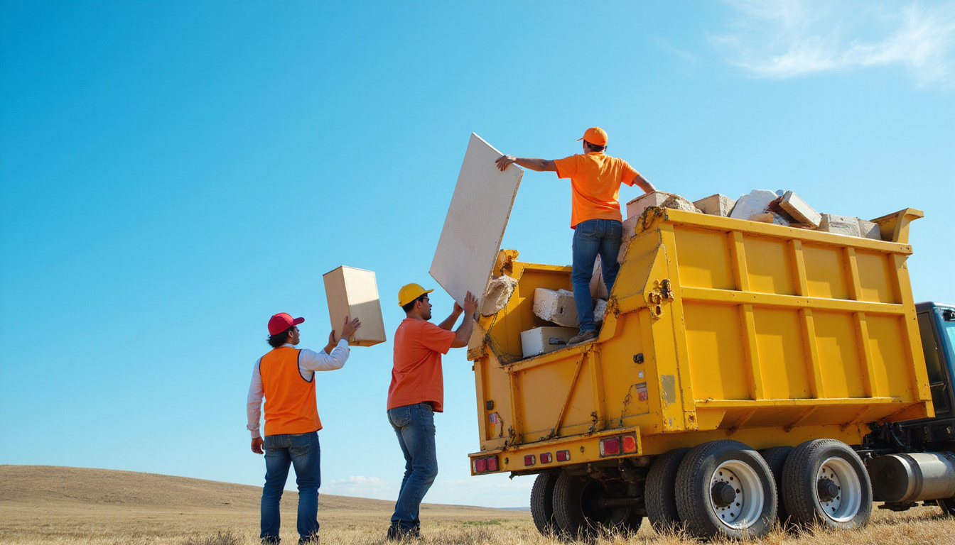  Friendly workers loading furniture into a large dumpster under clear blue sky