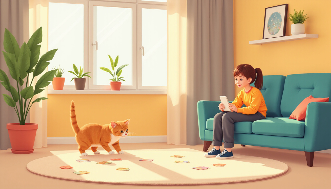 Curious cat avoiding marked spots in a cozy home, with pet owner observing 