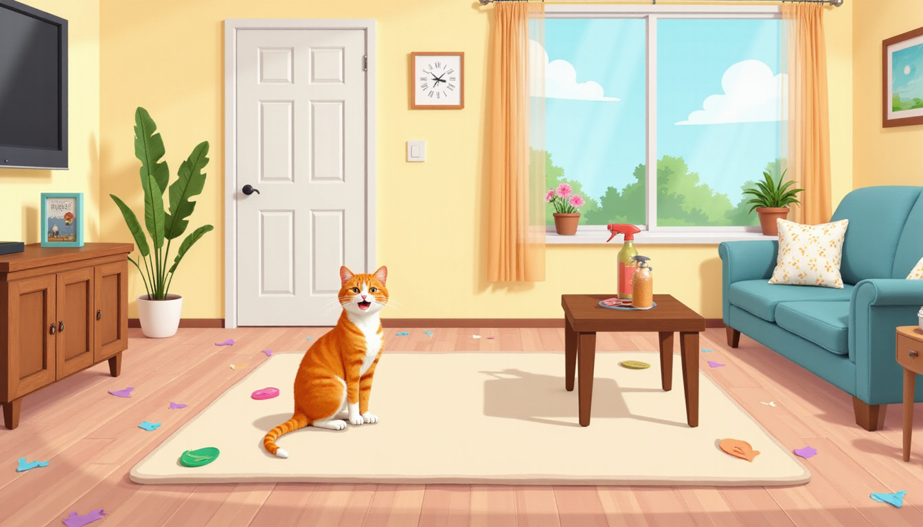  Happy cat peacefully ignoring marked areas, surrounded by calming sprays and barriers in modern living room