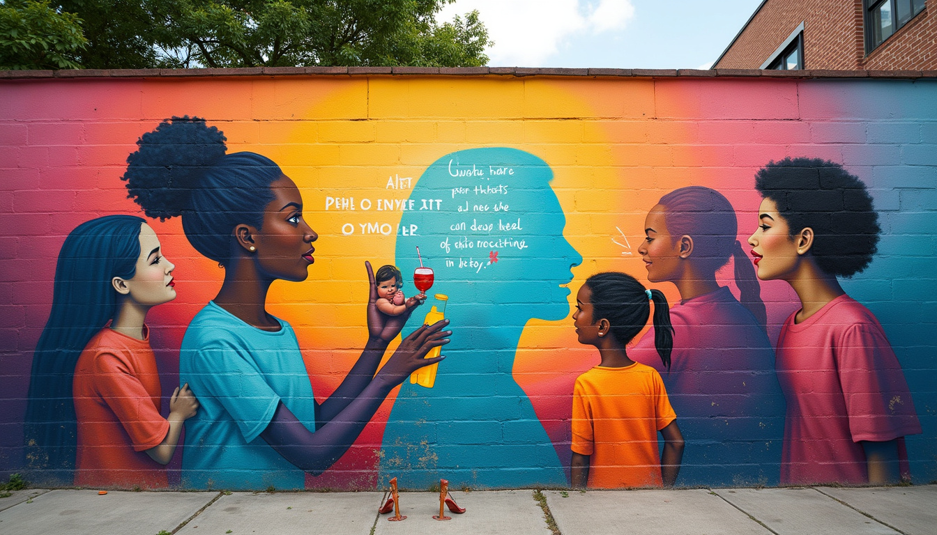 Vibrant mural promoting alcohol harm prevention, neighborhood with diverse families engaging