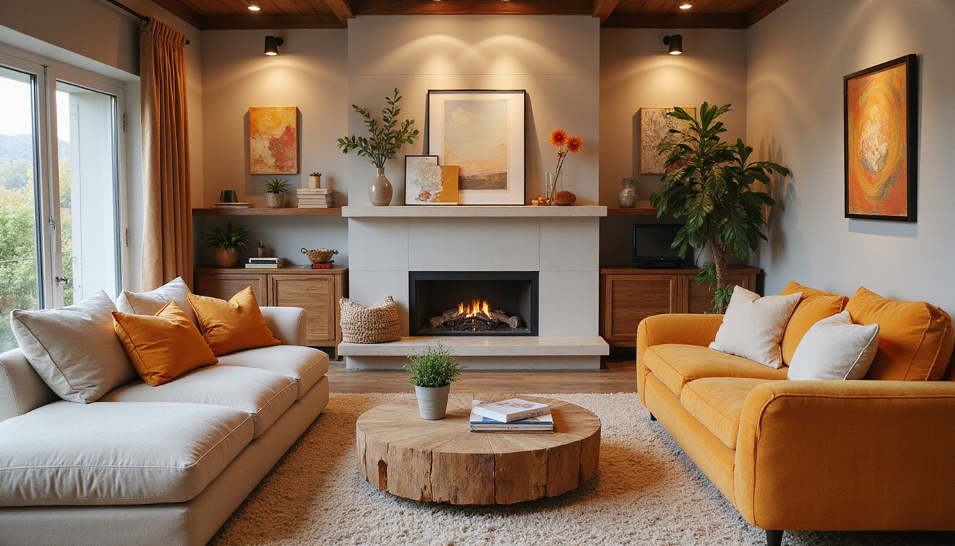  Cozy living room with smart home technology and contemporary furniture, warm tones