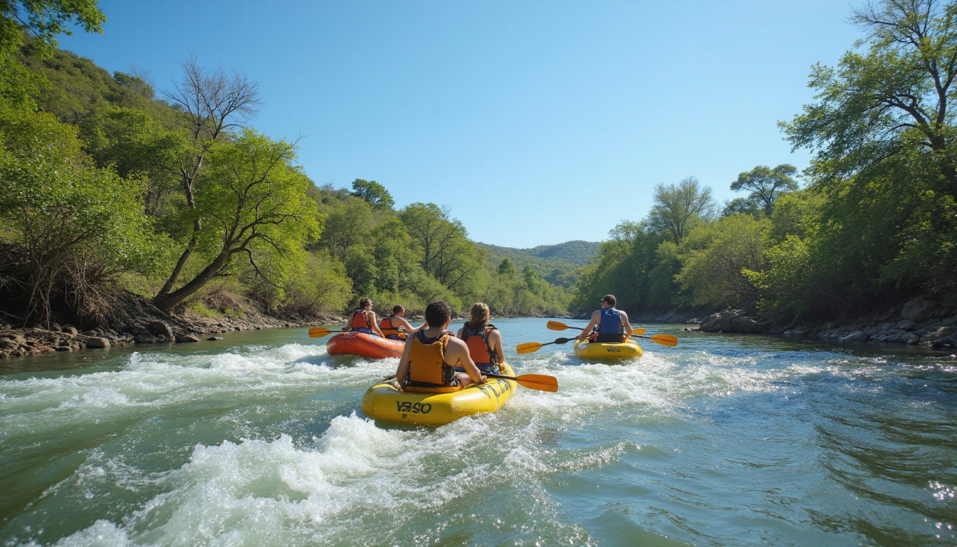  adventurous beginners navigating gentle Nile River rapids, vibrant wildlife, tropical scenery, bright blue sky