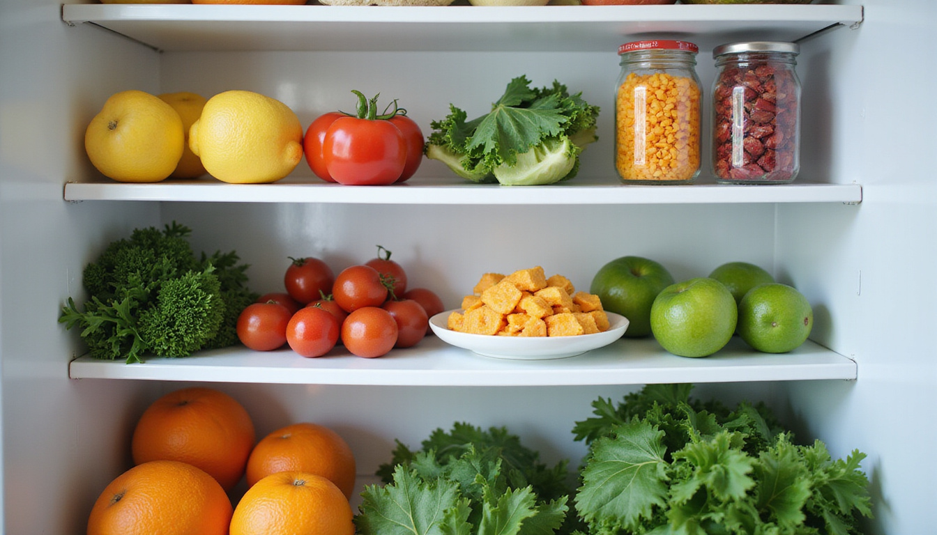 Organized fridge shelves filled with vibrant low carb meal ingredients and leafy greens