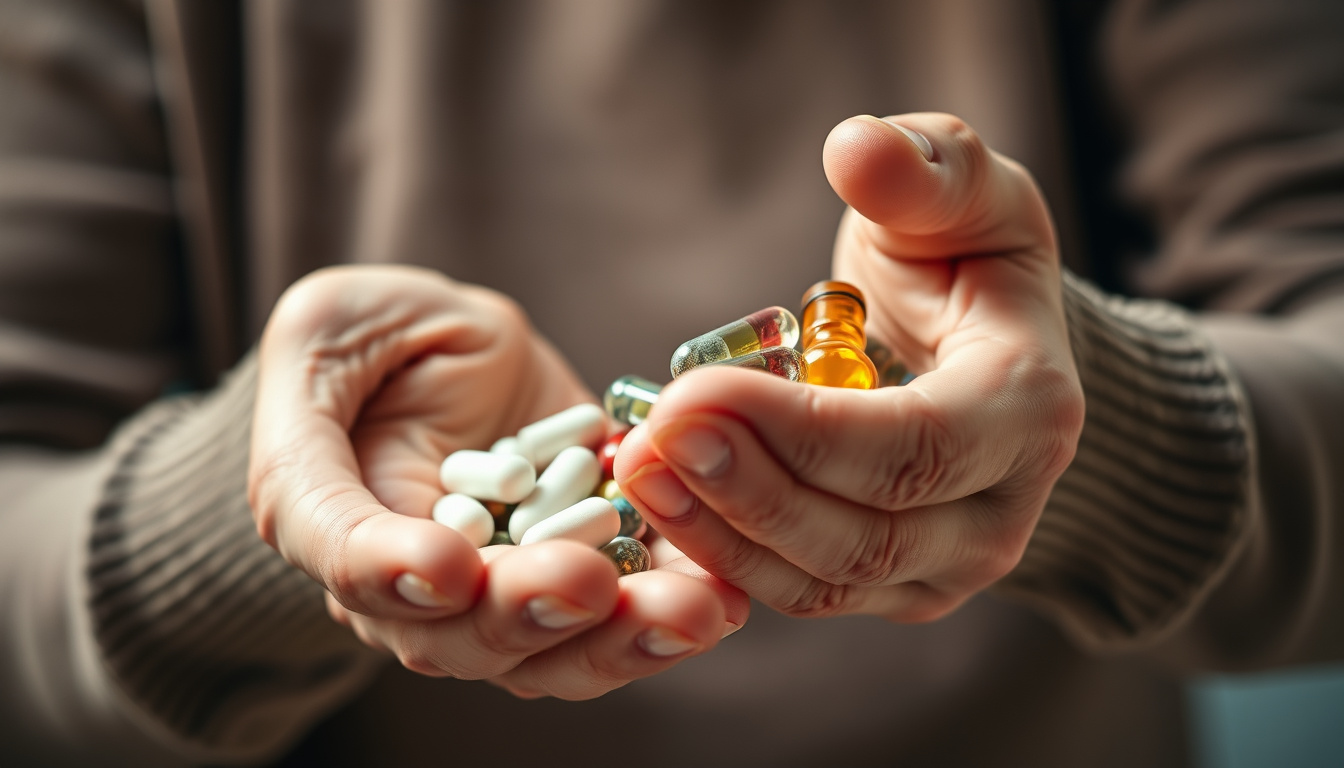  Close-up of senior hands holding joint supplements, soft focus, warm natural light