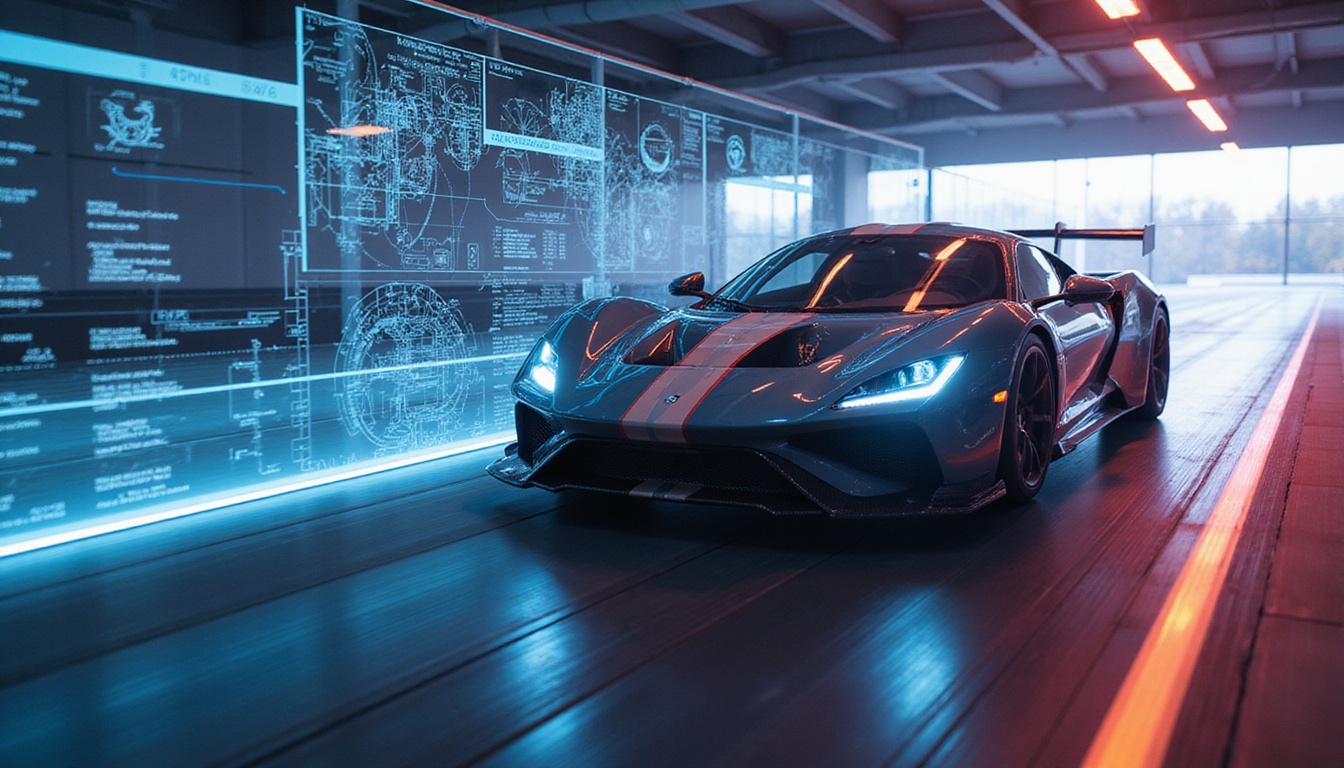 sleek racecar speeding on track, surrounded by digital data overlays and engineering schematics