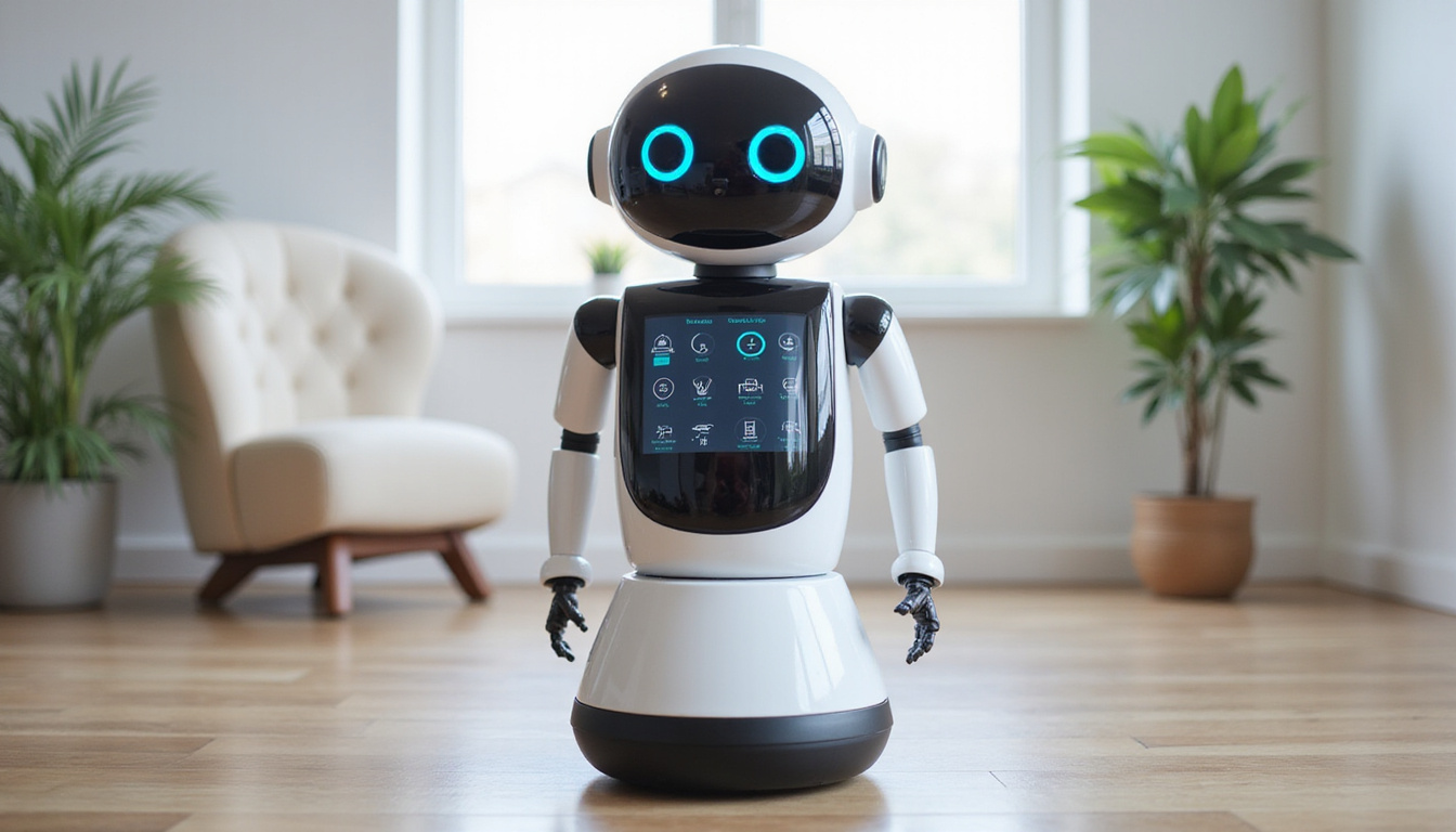 Sleek autonomous robot organizing schedules and managing smart home devices seamlessly