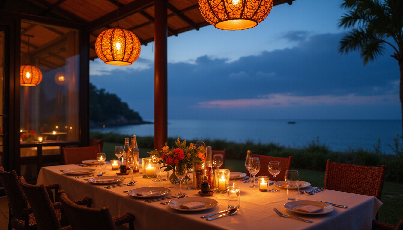 Romantic candlelight dinner on seaside terrace, Balinese lanterns, intimate atmosphere