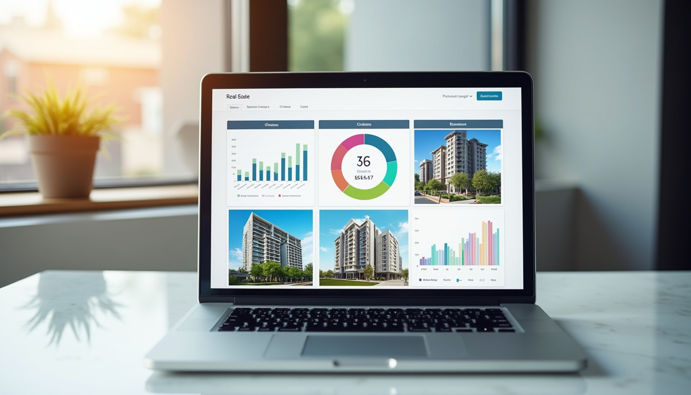  Laptop screen showing real estate SEO analytics, condo listings, bright and professional office background