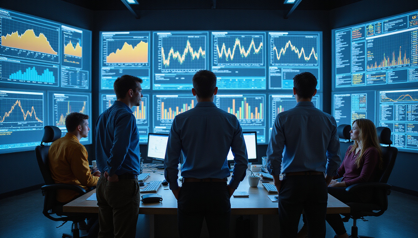 Diverse group of miners analyzing complex graphs and charts on multiple holographic screens in high-tech control room