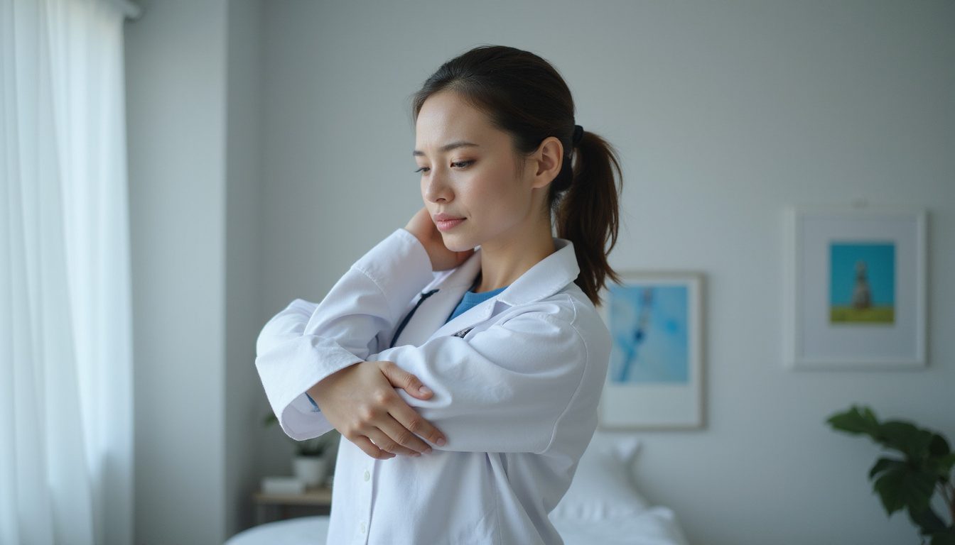  patient holding elbow in pain, expressive face, clinical setting, soft lighting