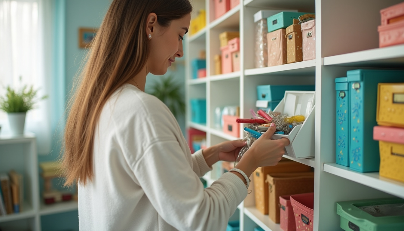 person happily sorting items in neat storage unit, minimal clutter, cozy setting