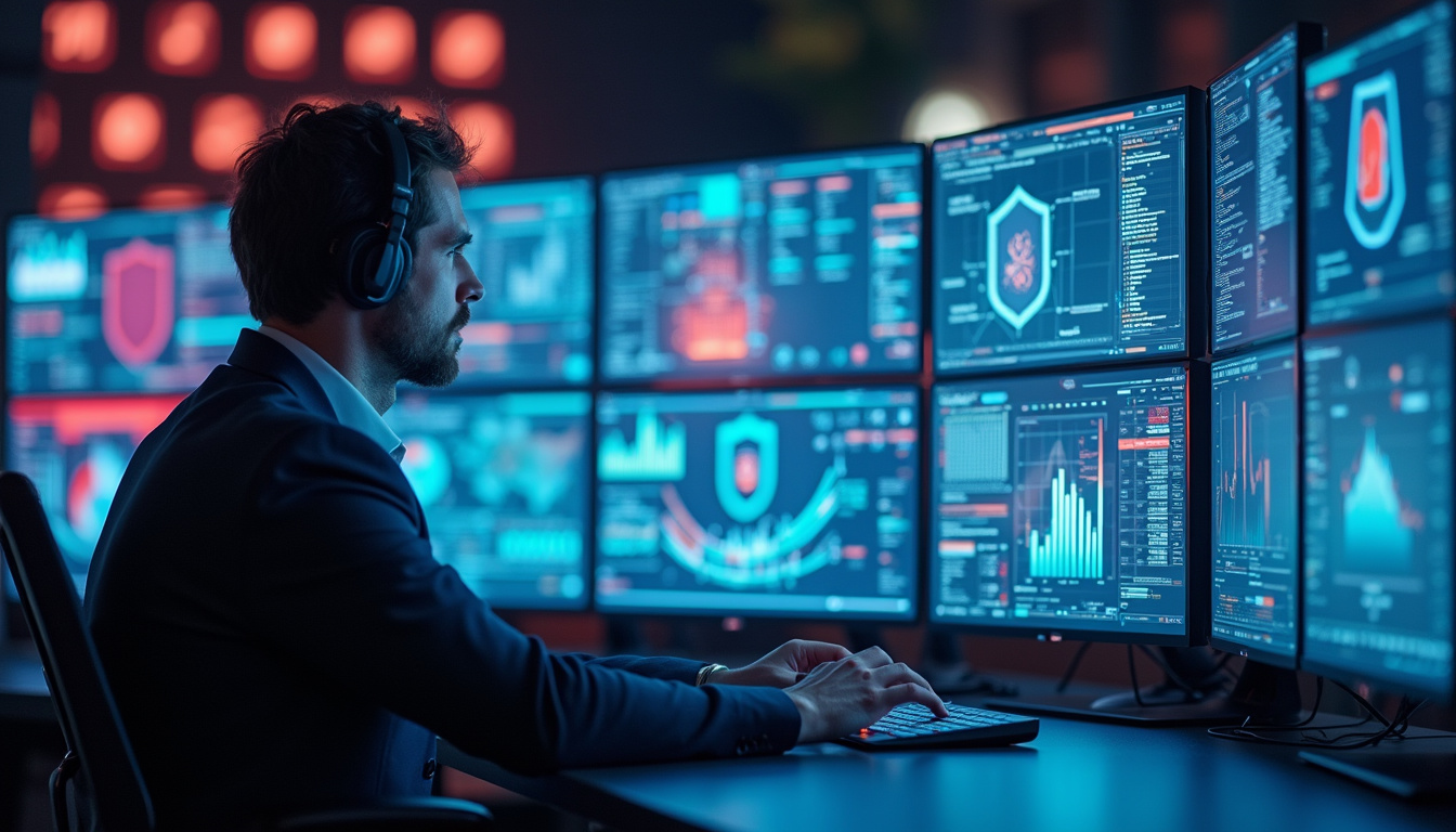 IT professional monitoring multiple screens, cybersecurity shields, glowing data streams, high-tech control room