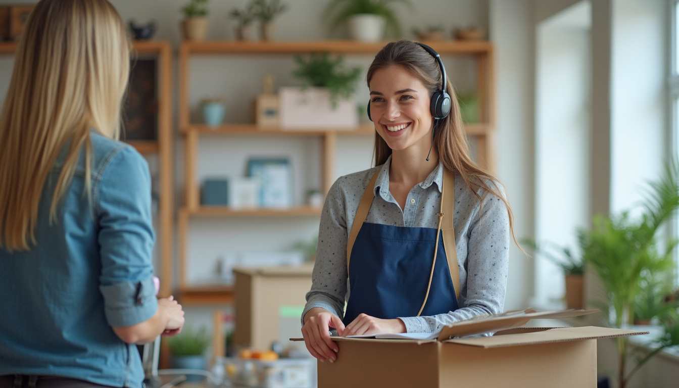  Customer service representative helping a satisfied client, clean and organized junk hauling office interior