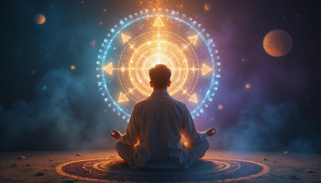  ancient mystical symbols glowing around a calm person in deep reflection, healing aura