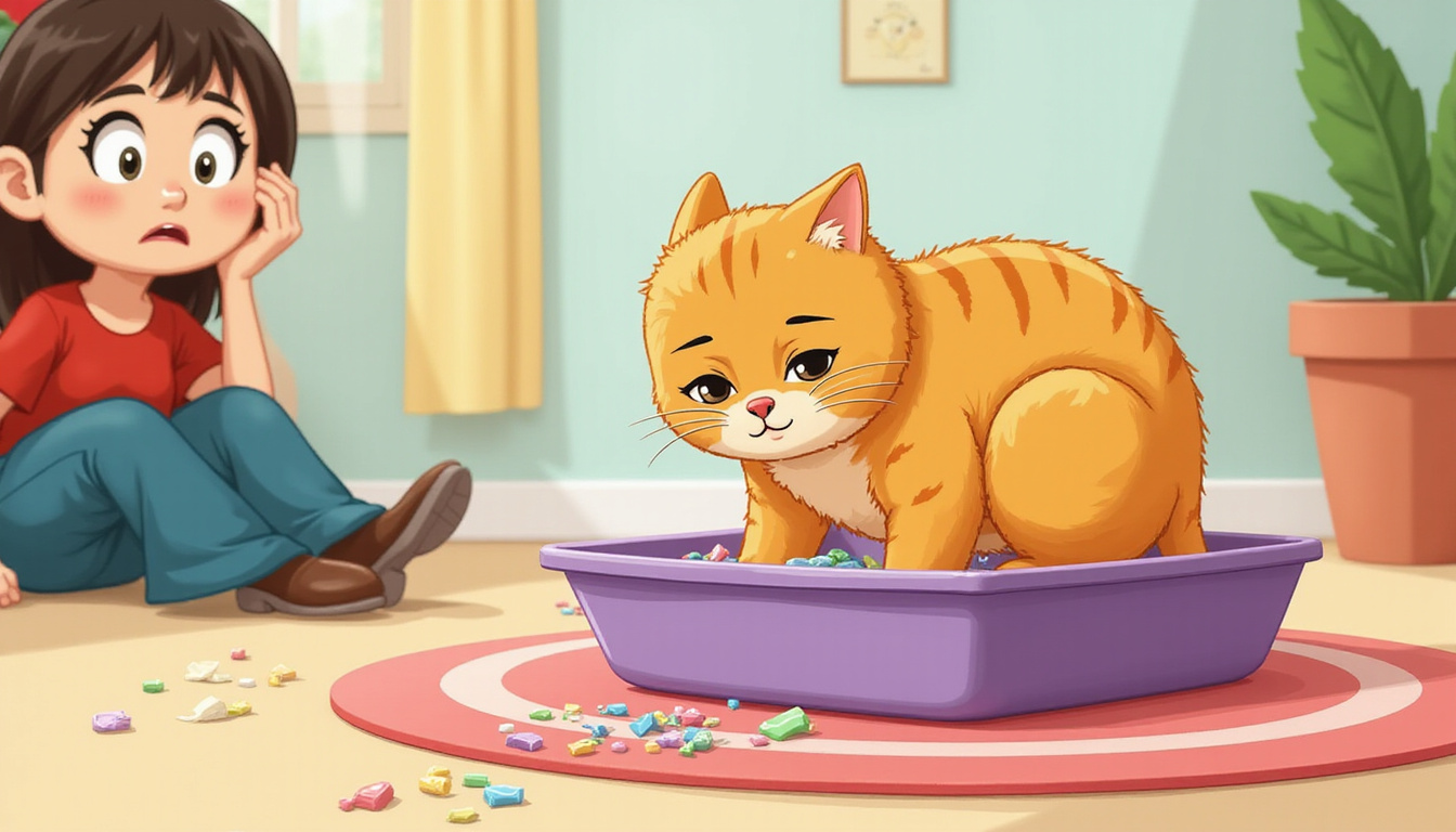  Close-up of cat inspecting a messy litter box with frustrated owner nearby