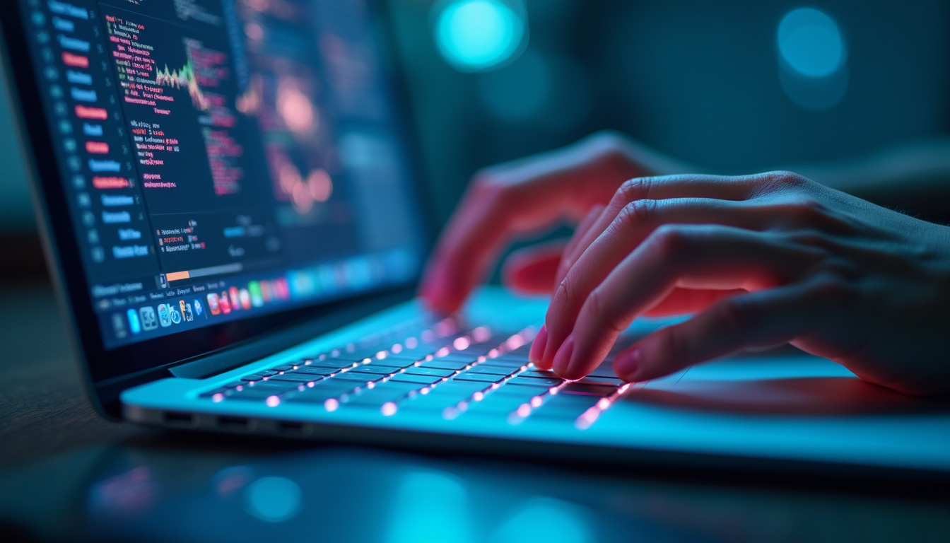  Close-up of hands typing on keyboard with digital network overlay, blue tech background