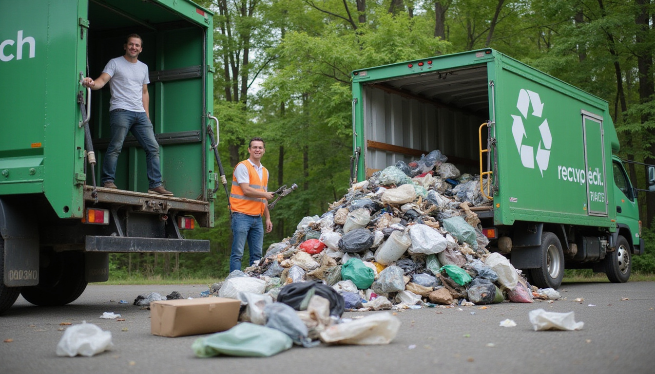 smiling workers loading bulky trash into eco-friendly recycling trucks, green trees background