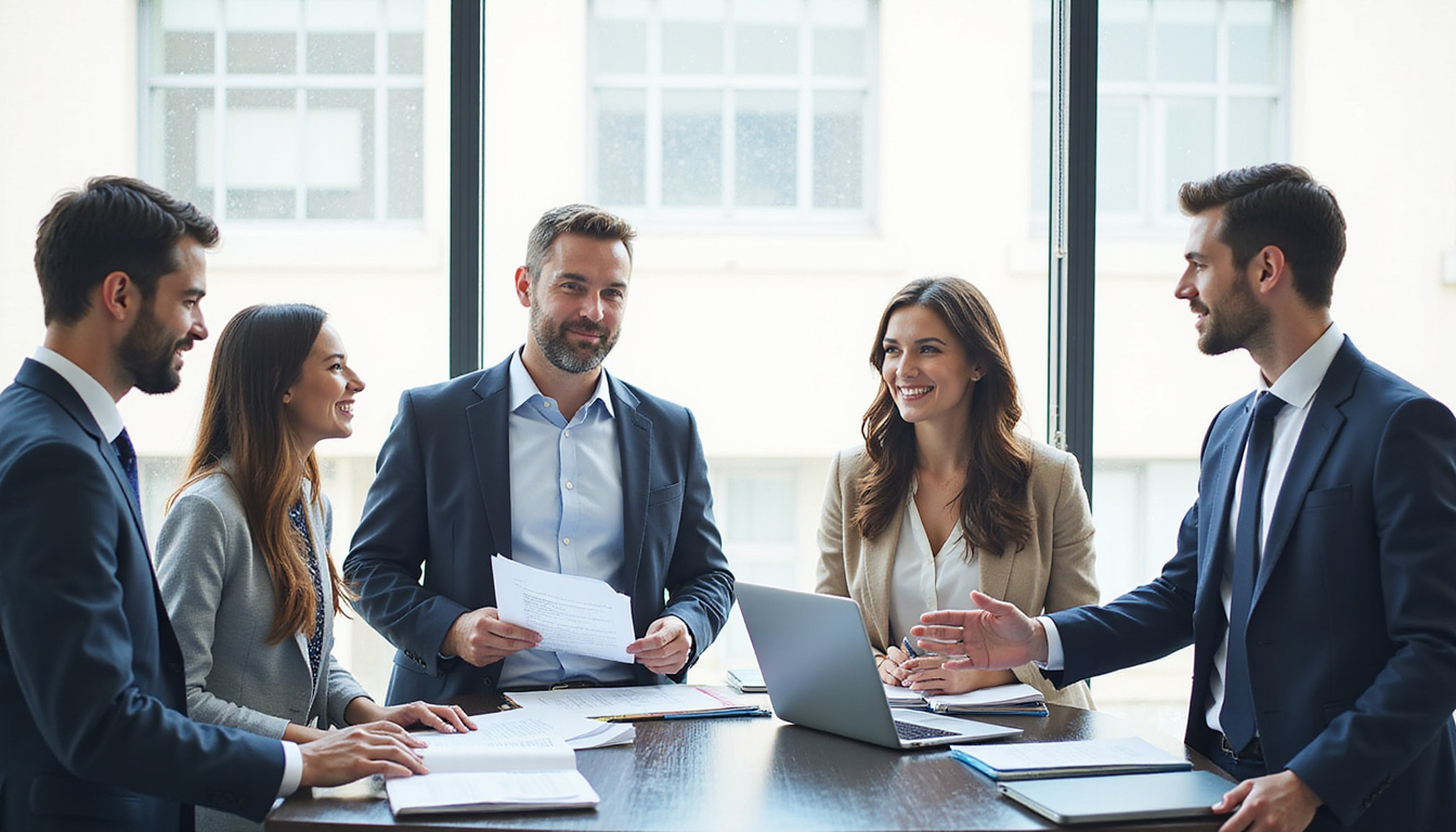 Small business team celebrating government contract win with documents and laptop