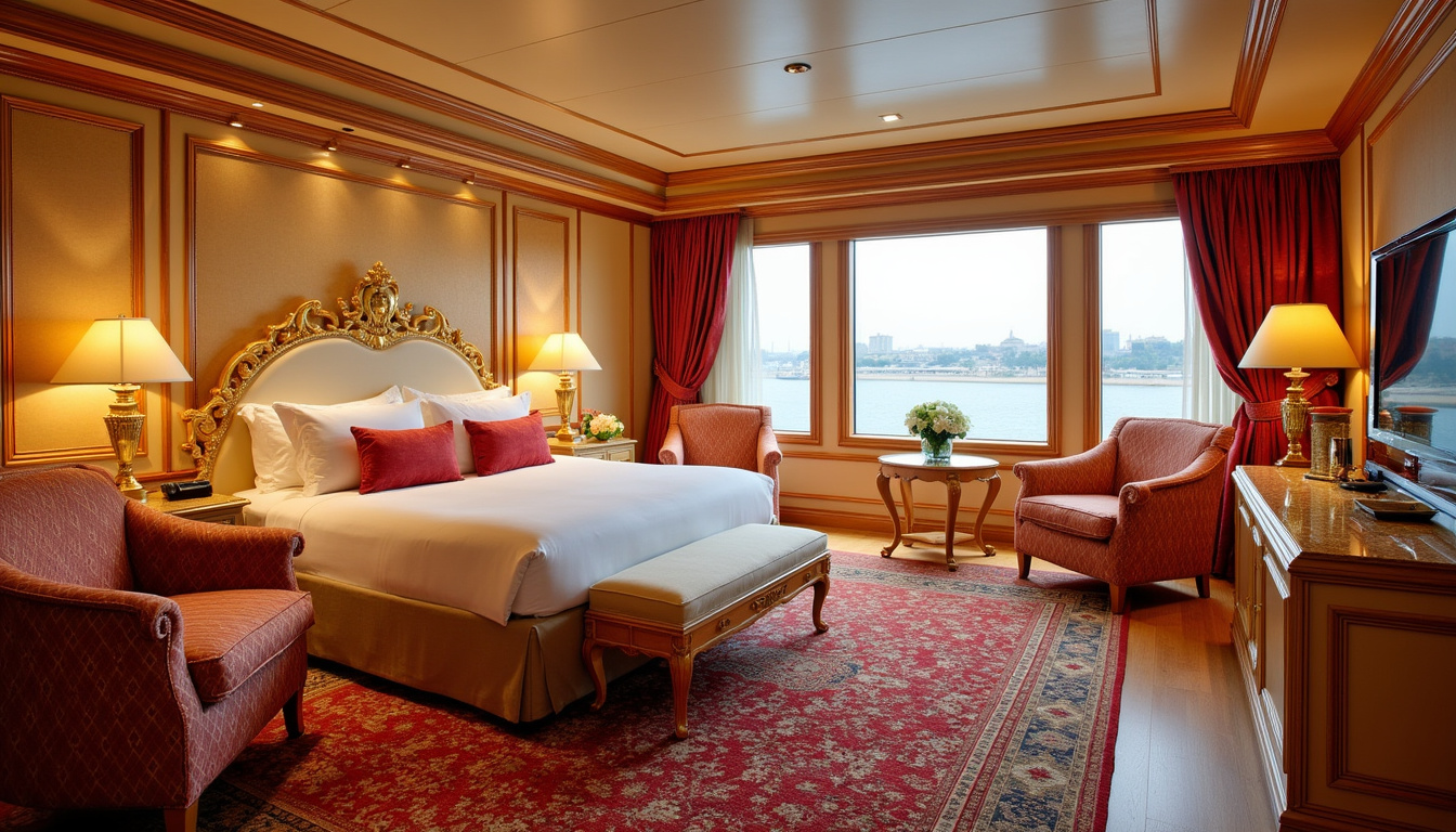  opulent stateroom interior aboard Nile river boat, lavish furnishings, golden accents, ambient lighting