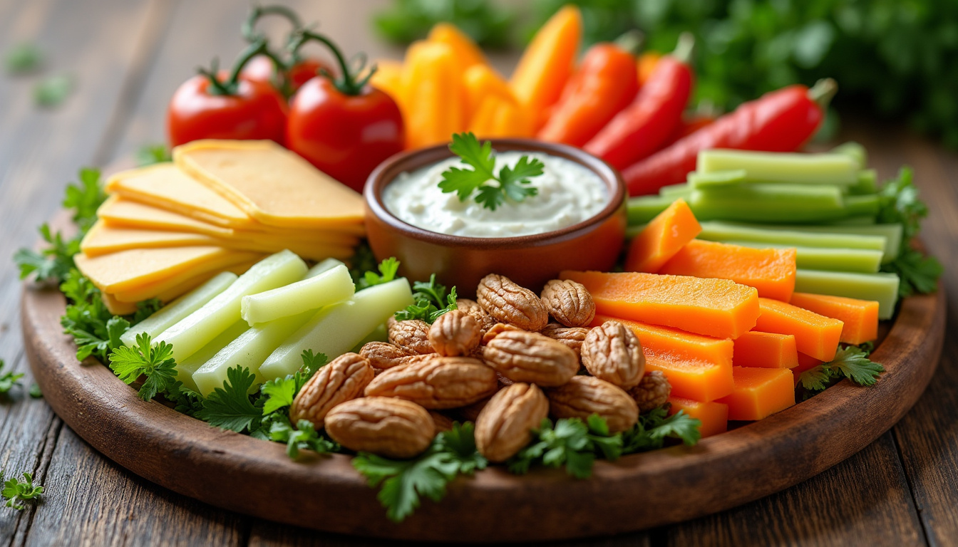 Assorted vibrant low carb snack platter with nuts, cheese, and veggies on wooden table