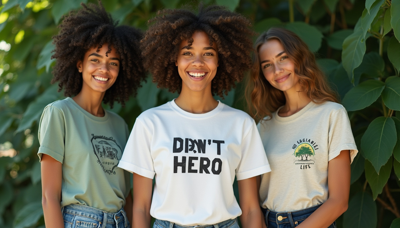  Minimalist ethical t-shirt collection, natural fibers, diverse models, green leafy backdrop