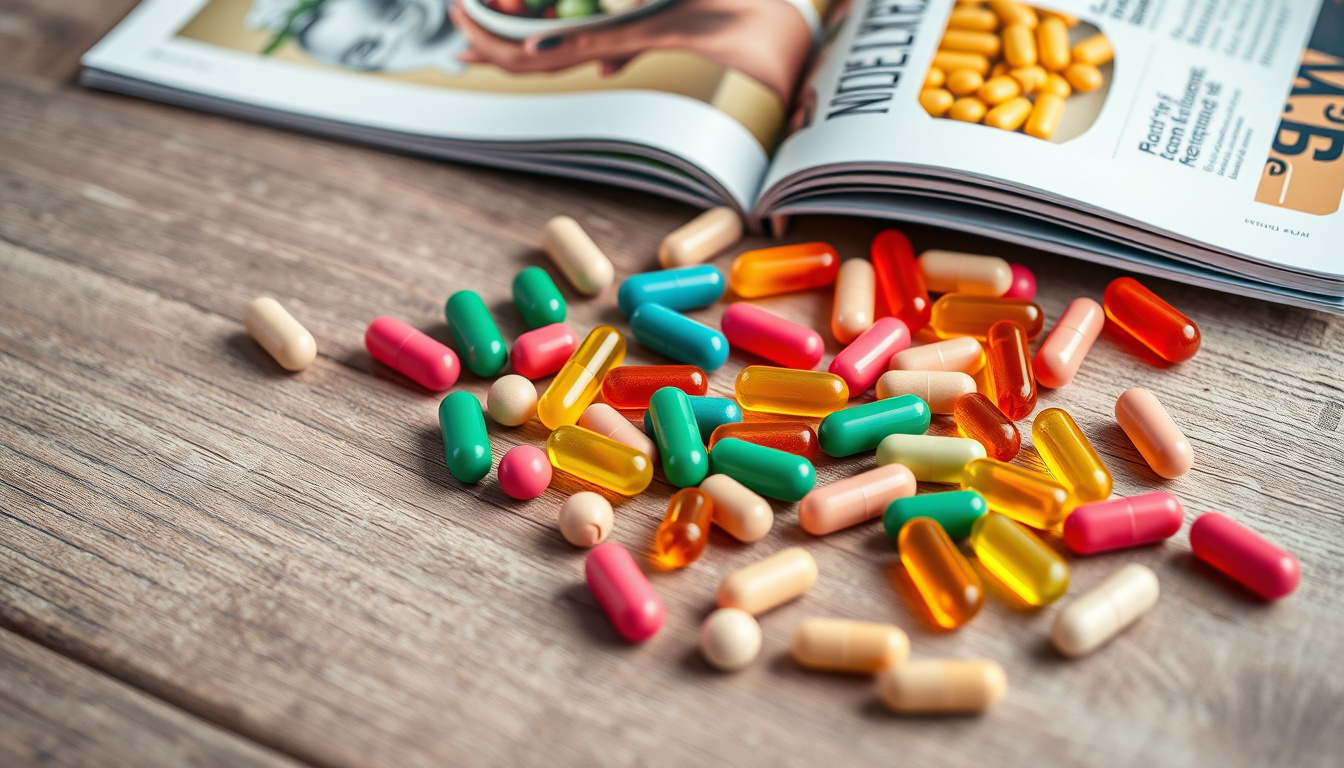  Assorted colorful cartilage supplement capsules and pills on wooden table with health magazine