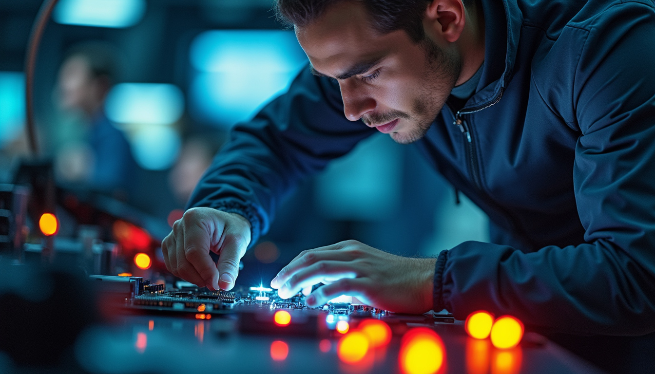  engineer working on sleek high-performance race car electronics, intense focus, modern lab lighting