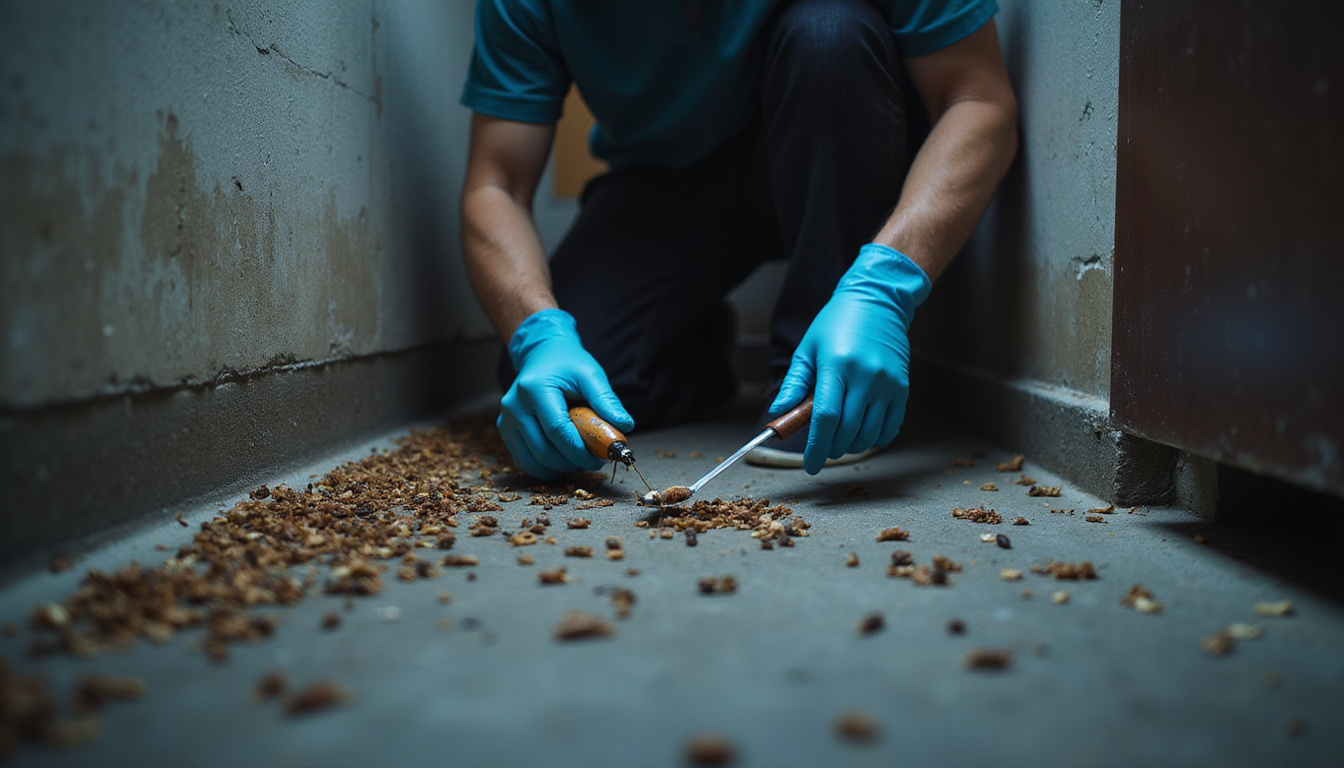 Professional exterminator wearing gloves, applying roach treatment in a dark basement corner