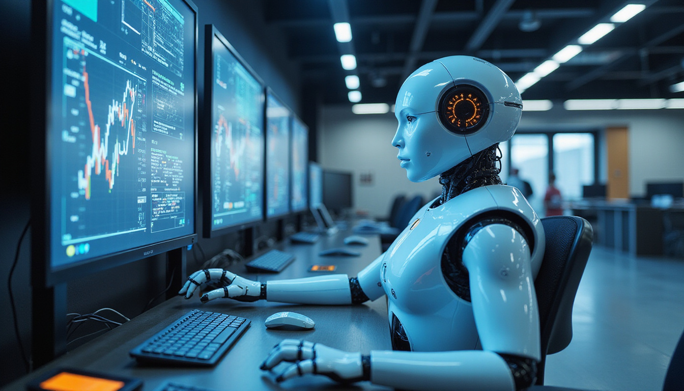 sleek autonomous robot controlling complex data flows in a high-tech control center, holographic displays glowing