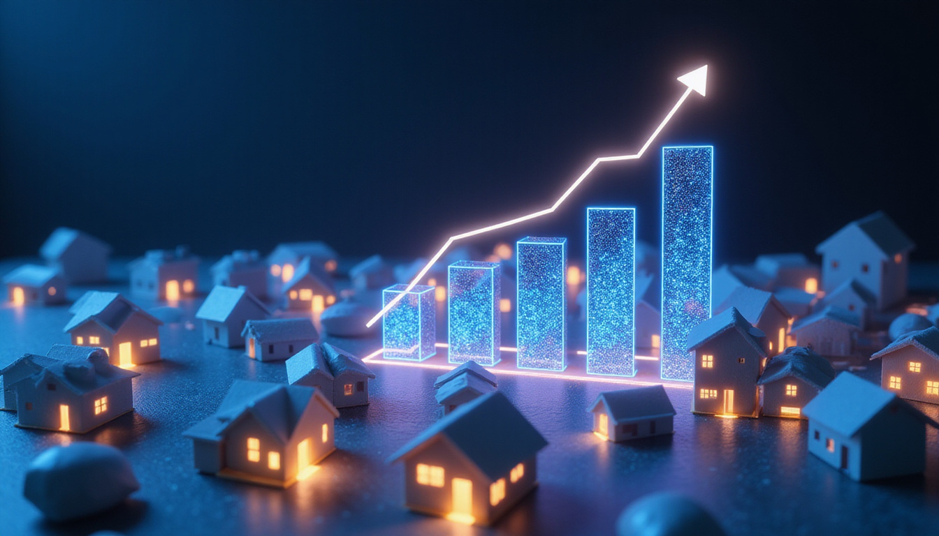 futuristic digital marketing concept for real estate, glowing SEO icons and rising graph over house models