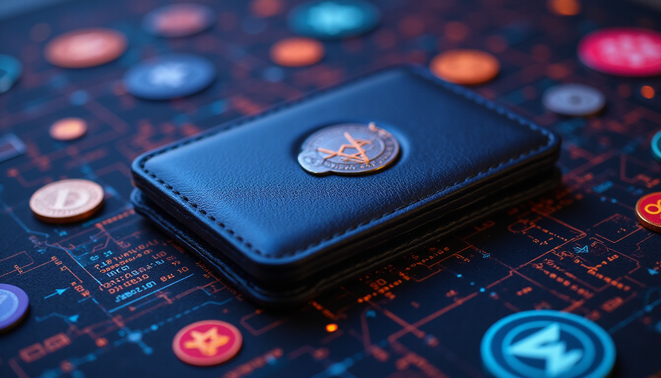  sleek modern hardware wallet surrounded by encrypted code and digital asset icons, high-tech security ambiance