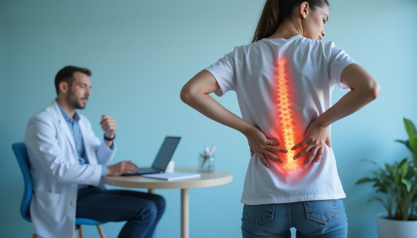  patient holding lower back in pain, professional clinic background, healthcare concept