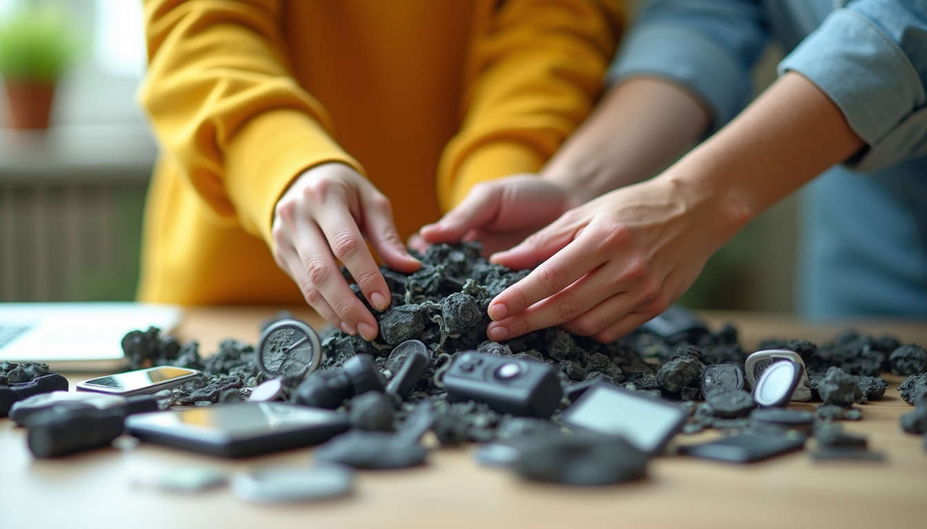 Hands sorting outdated gadgets for recycling, bright organized workspace, sustainable living concept