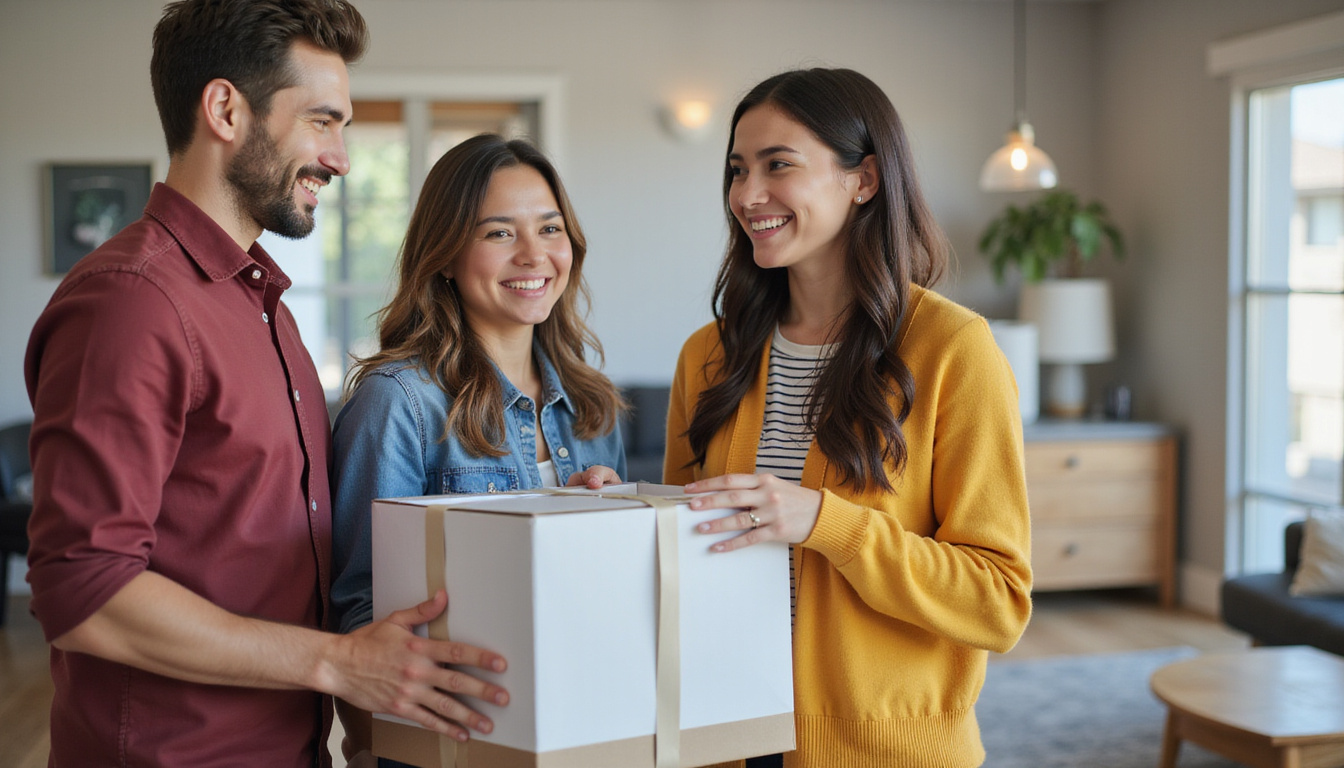  Smiling family donating gently used sofas and tables at community center in San Diego