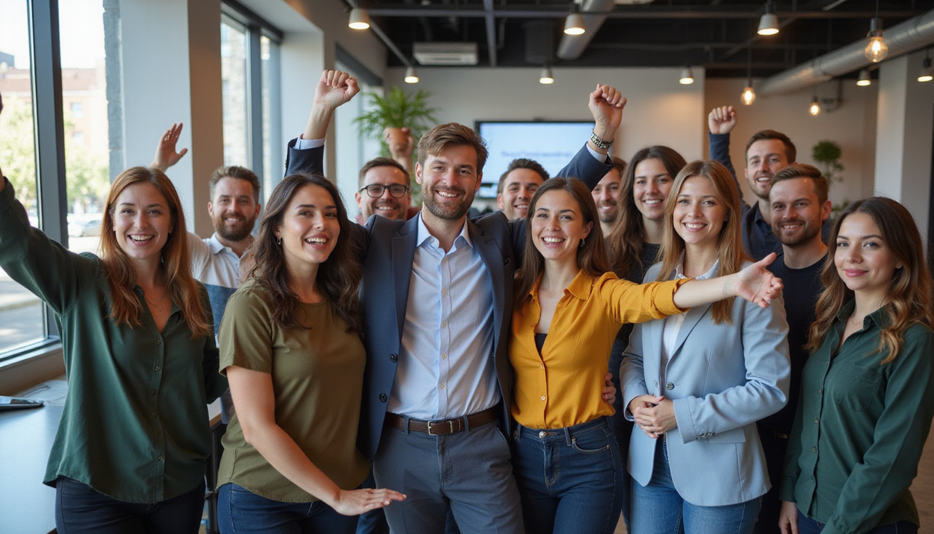  dynamic sales team celebrating big win, diverse group, modern office background