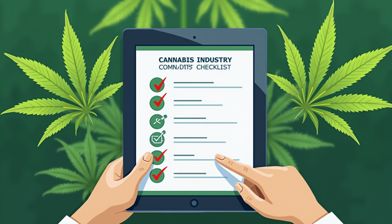  Cannabis industry compliance checklist on digital tablet, green cannabis leaves background, regulatory symbols