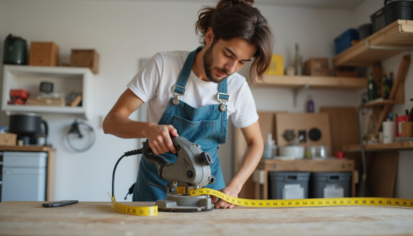  enthusiastic DIYer using electric saw and measuring tape in bright, organized garage workspace