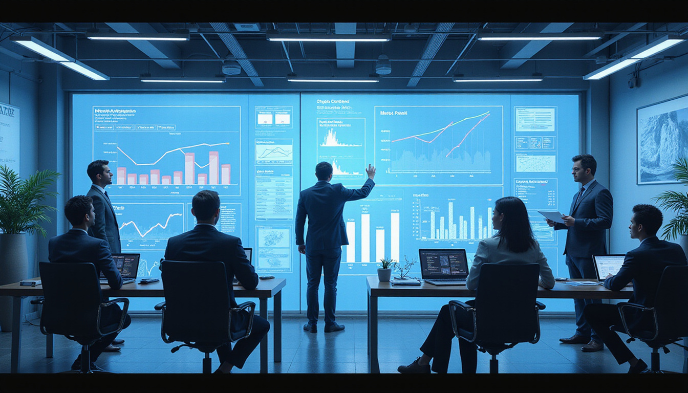 futuristic office scene, digital interface showing contract management, diverse team analyzing data charts