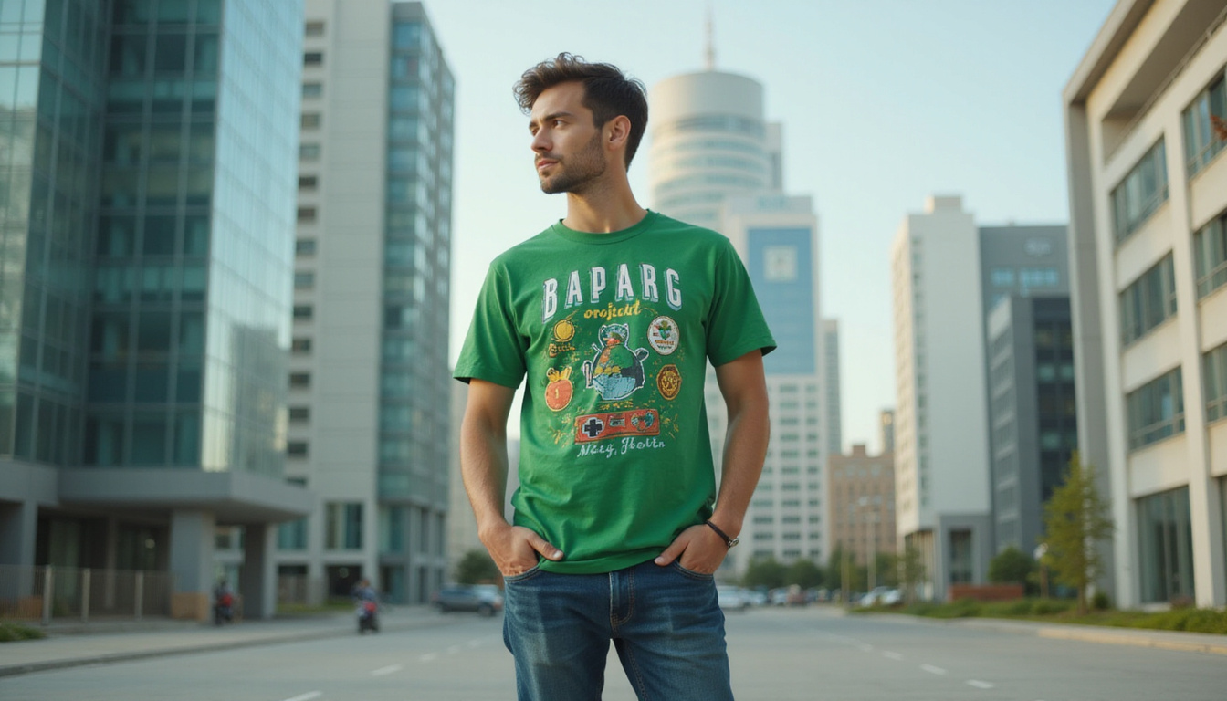  casual outfit featuring green graphic tee paired with denim, modern cityscape backdrop