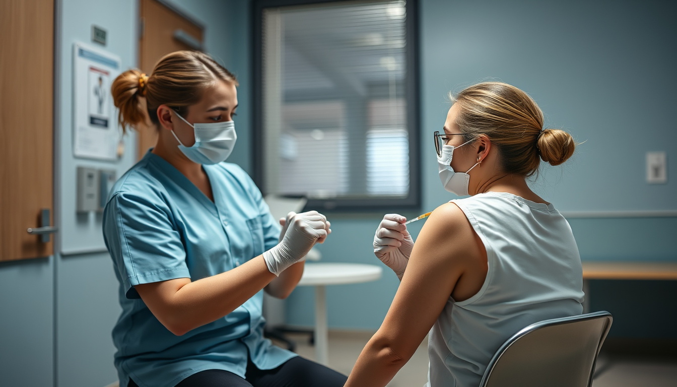  Patient calmly receiving vaccination, nurse explaining needle safety techniques in clinic room